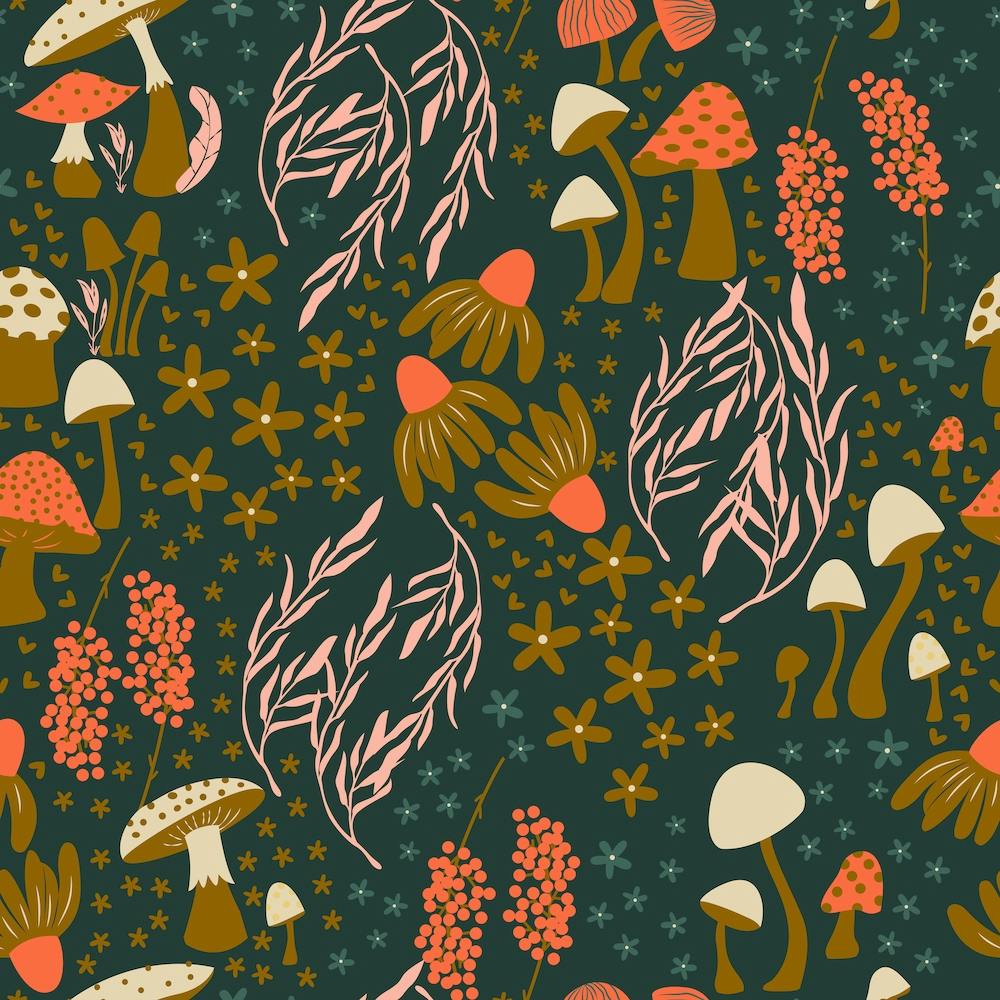 Golden Mushroom Pattern On Green Square