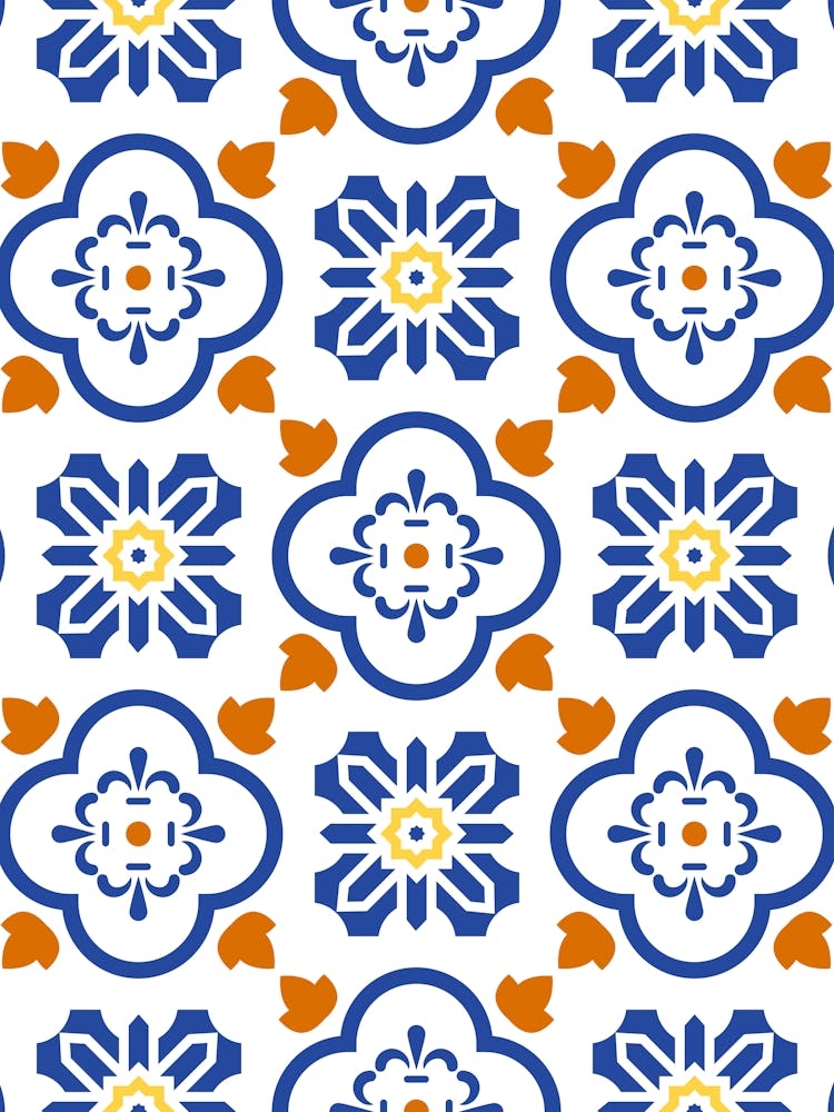 Blue And Orange Floral Pattern - Azulejo - vector tiles, Portuguese tiles