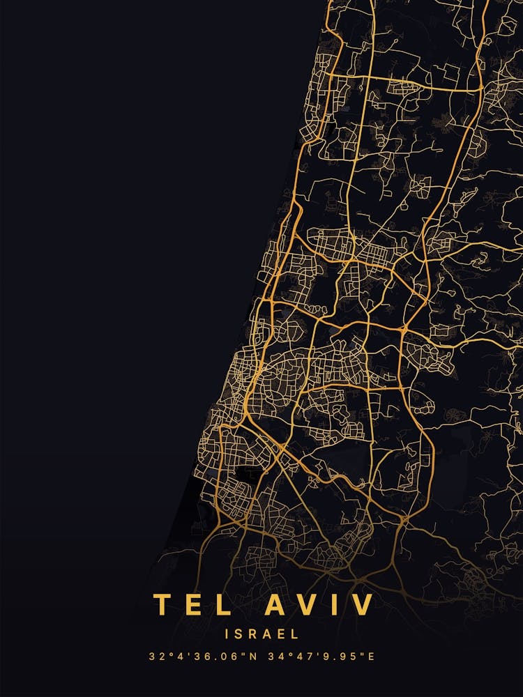Tel Aviv Israel Black And Gold Map