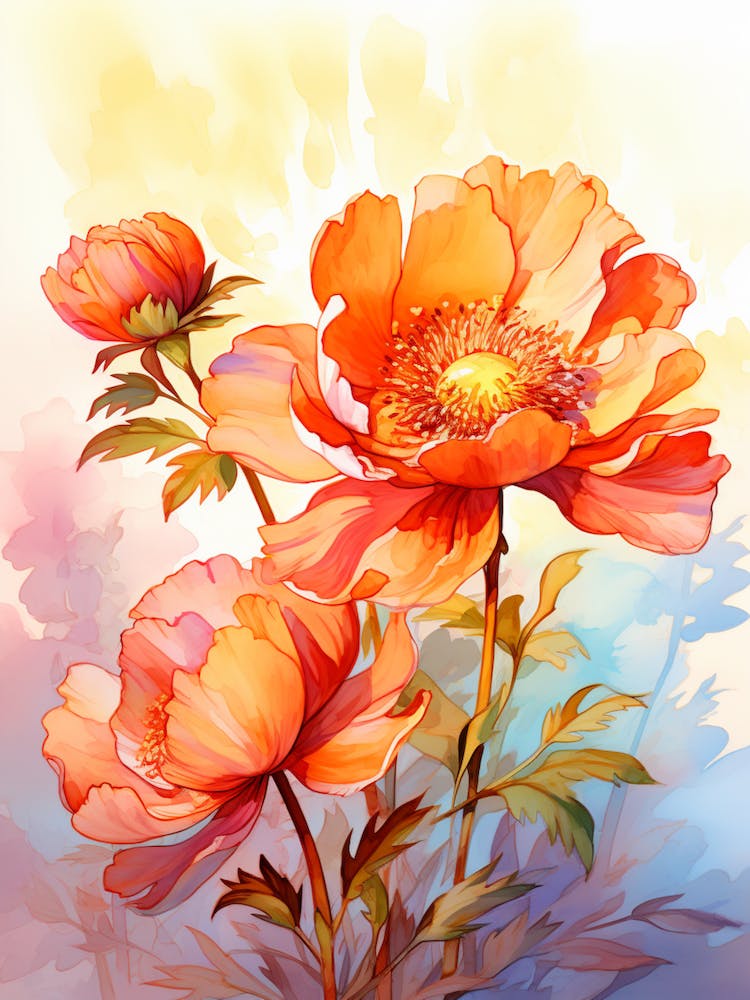 Peony With Sunset In Watercolors (8)