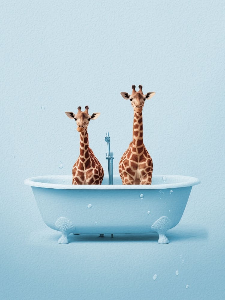 Giraffes In A Bath Blue Print