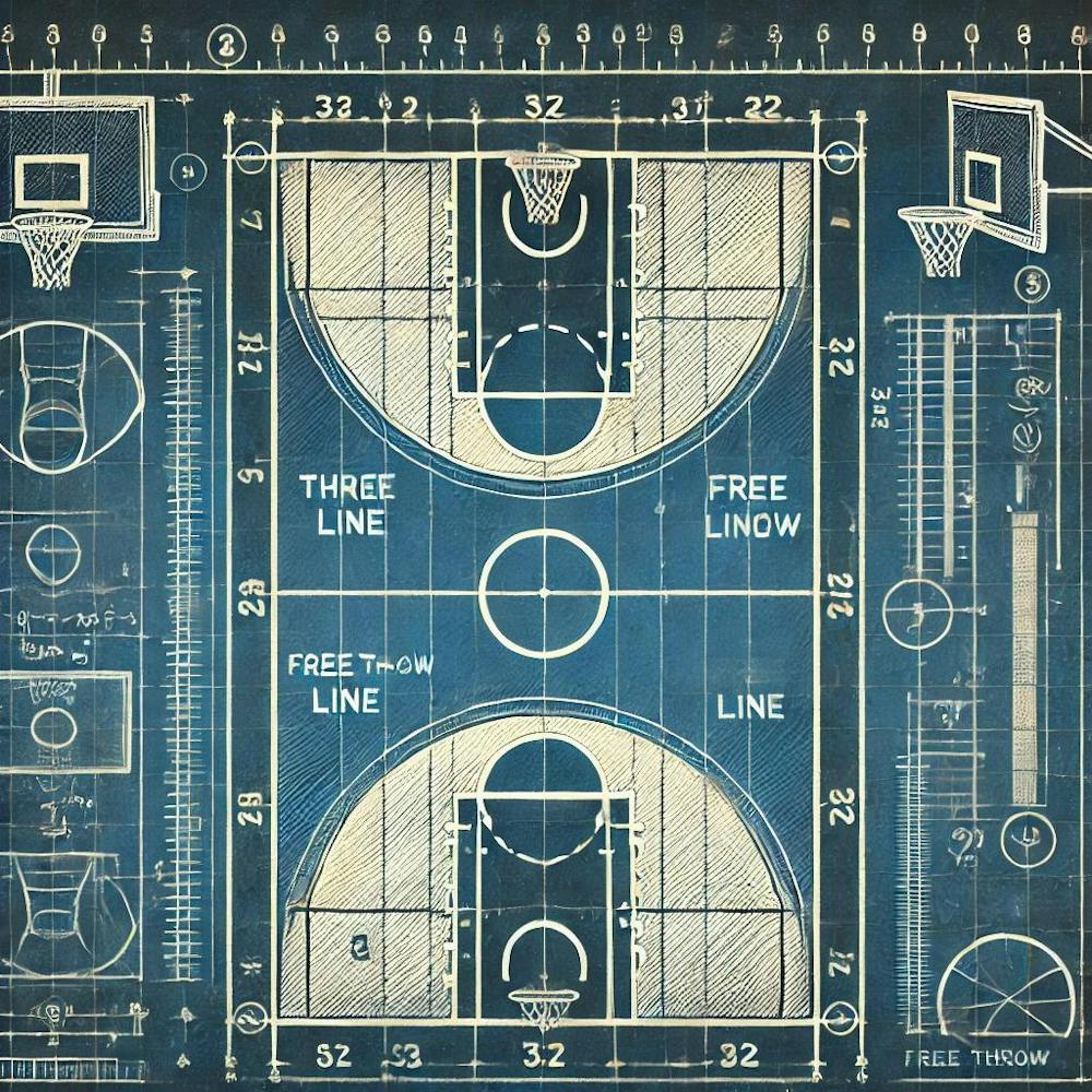 Basketball Court Blueprint Printed Art A Technical Illustration Of A Basketball Court Blueprint, Perfect For Adding A Strategic And Stylish Element To Any Basketball Enthusiast’S Space Printed Art