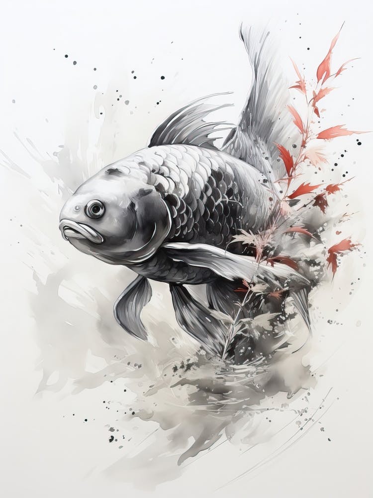 Carp, Japanese Brush Painting, Ukiyo E, Minimal 2
