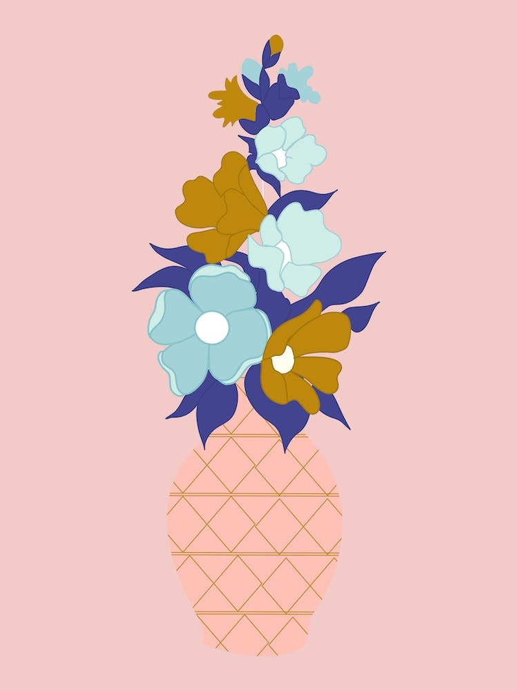 Blaue und goldene Blumen in einer pinkfarbenen Vase