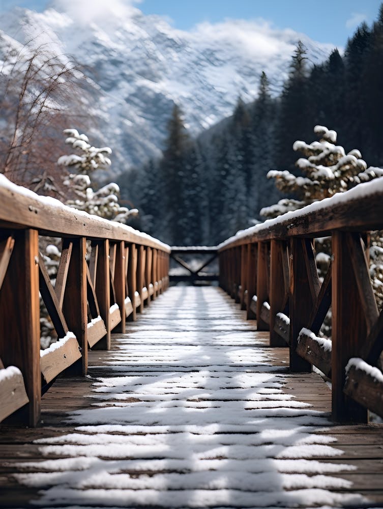 Snowy Wooden Bridge in the Mountains