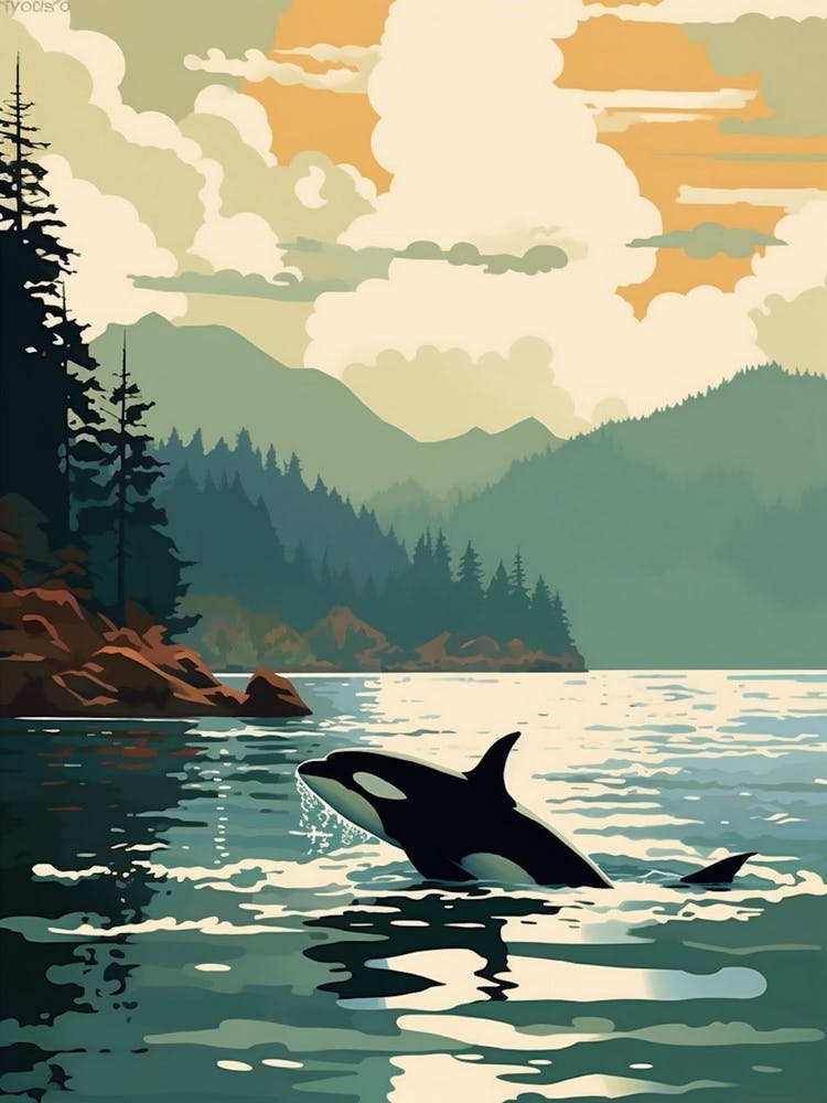 Modern Orca Whale Drawing At Sunset With Clouds