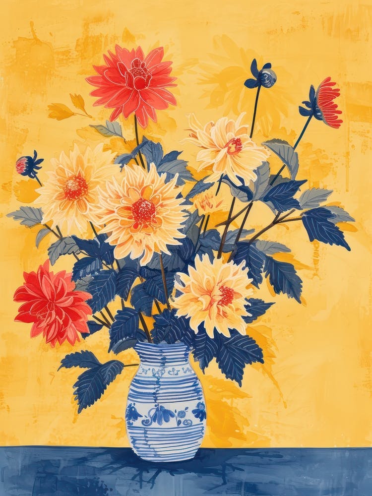 Dahlia Flowers On A Table   Contemporary Illustration 4