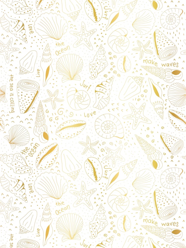 Scattered Seashells and Surfer Lingo Golden Gradient and White Line Art