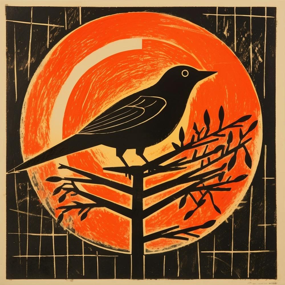 Retro Bird Lithograph Blackbird 4