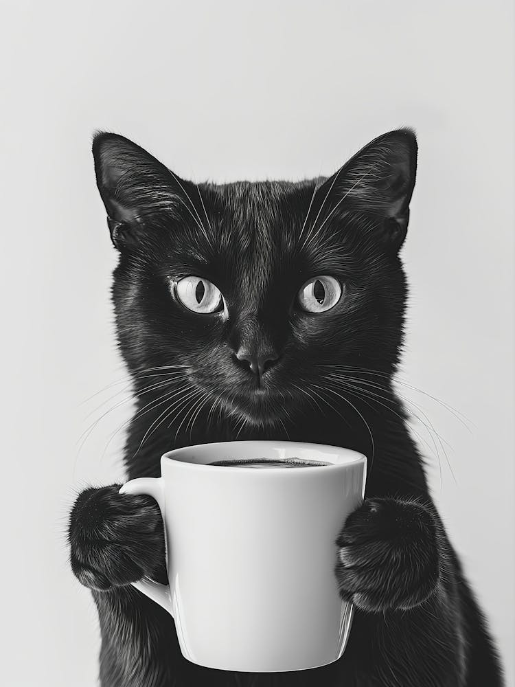 Black Cat Drinking Coffee Wall Art, Black And White Print, Coffee Lover Print, Cat Owner Gift, Funny Cat Poster, Kitchen Wall Decor