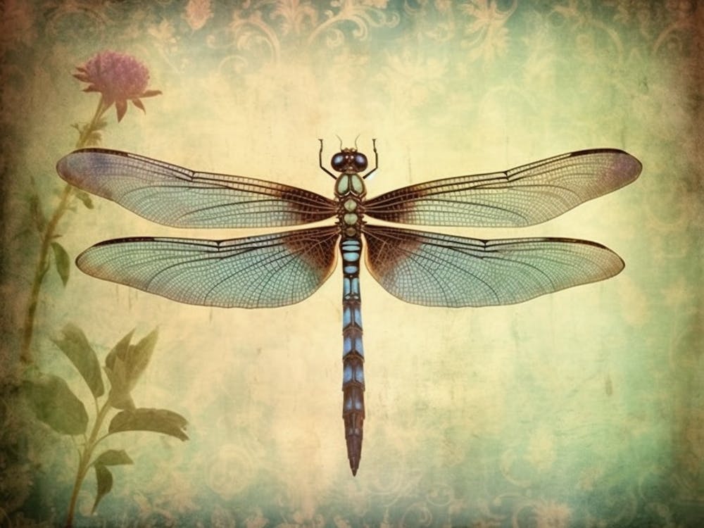 Dragonfly In Meadow Flowers Vintage 4