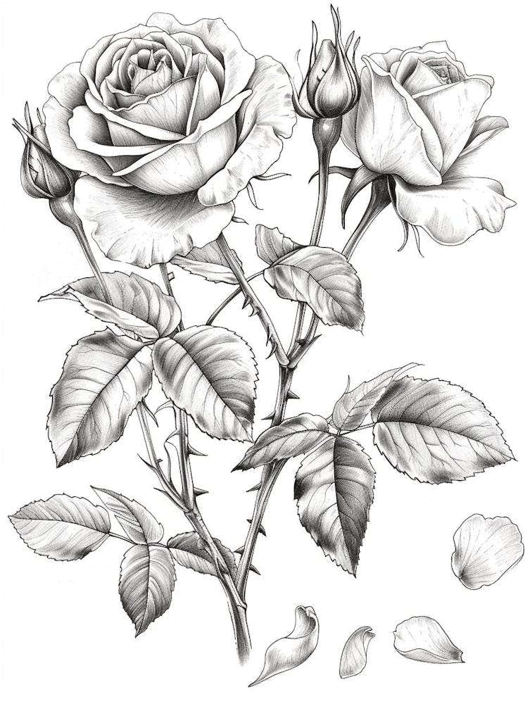 Rose With Petals Line Drawing 3