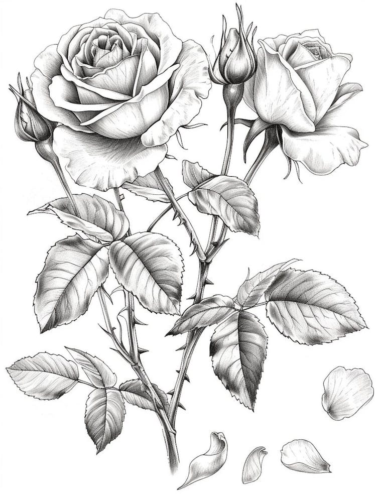 Rose With Petals Line Drawing 3