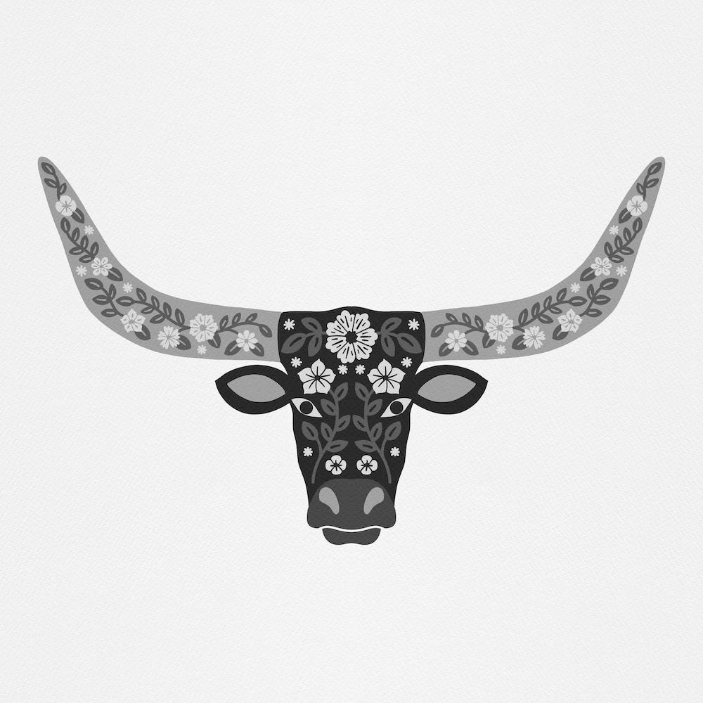 Floral Longhorn   Black And White Square