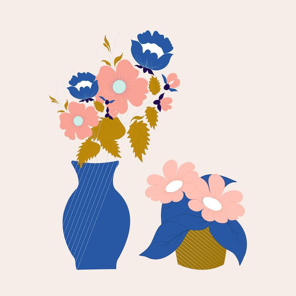 Pink Blue And Gold Vases With Flowers 2
