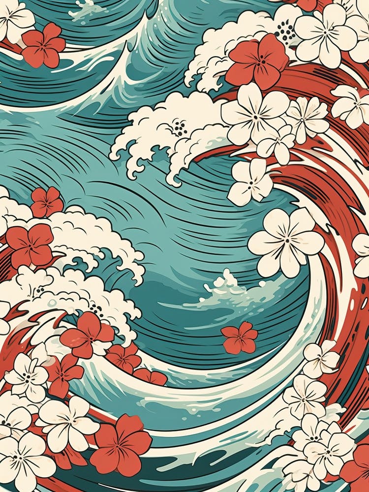 Great Wave With Plumeria Flower Drawing In The Style Of Ukiyo E 2