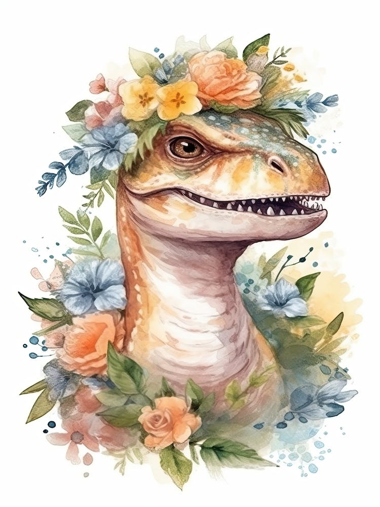 Vélociraptor avec une couronne de fleurs Mignonne aquarelle de dinosaure 2
