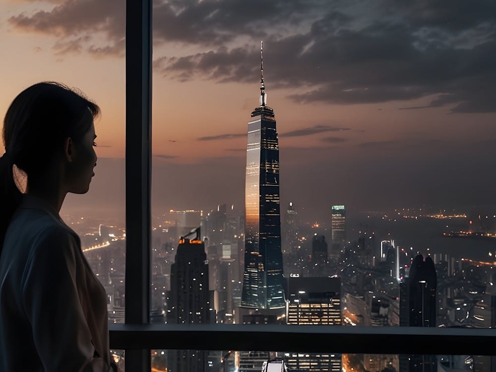 Woman Looking Out Window At Night