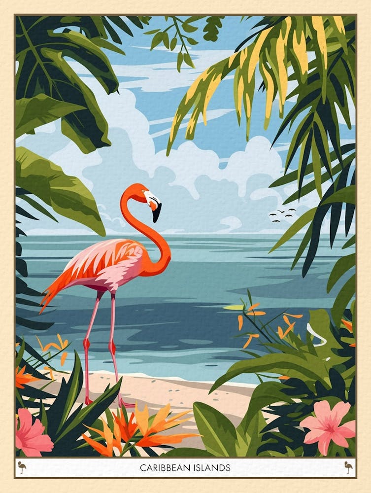Greater Flamingo Caribbean Islands Tropical Illustration 4 Poster