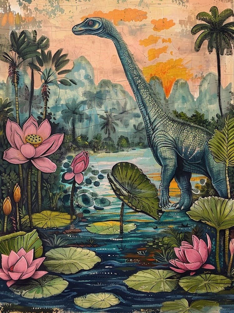 Dinosaur With Lotus Flowers Painting 3