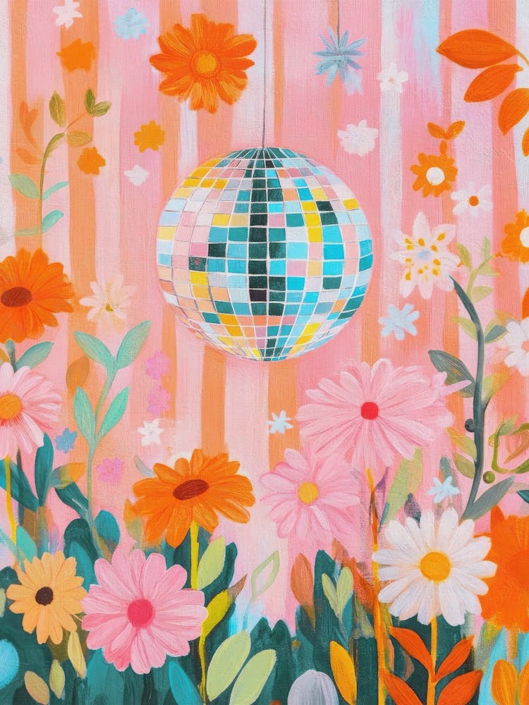 Fleurs Rétro Boule Disco Art Mural Décoration d'Intérieur Style Années 70, Impression Boule Miroir Colorée pour Chambre Bohème, Art Botanique Jardin Fleuri Fantaisiste pour Salon Éclectique, Œuvre Florale Tendance Disco Funky