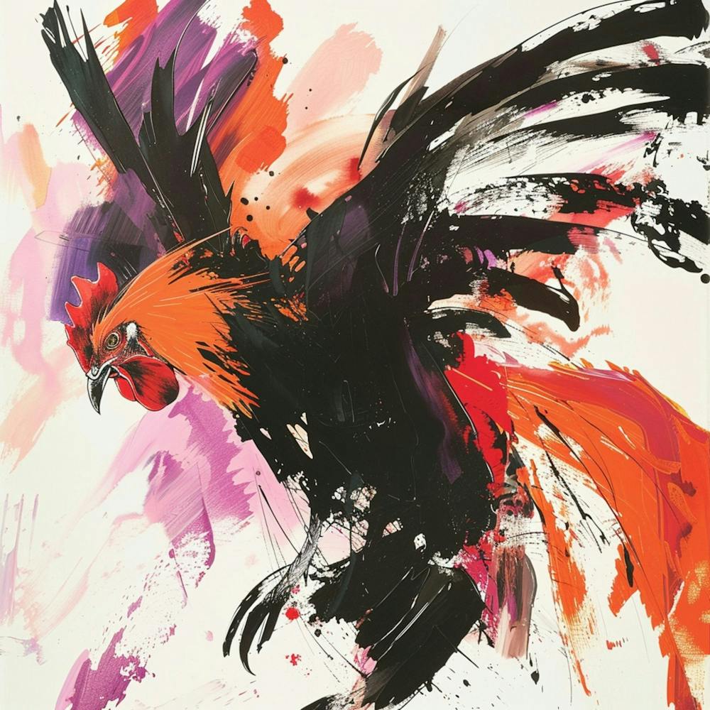 A Rooster, Fight, Force, Fierce, Vigor, Convey Action And Movement, Acrylic Illustration, Mexican Color Range, Expressionism, Gestual Strokes, David Downton Style