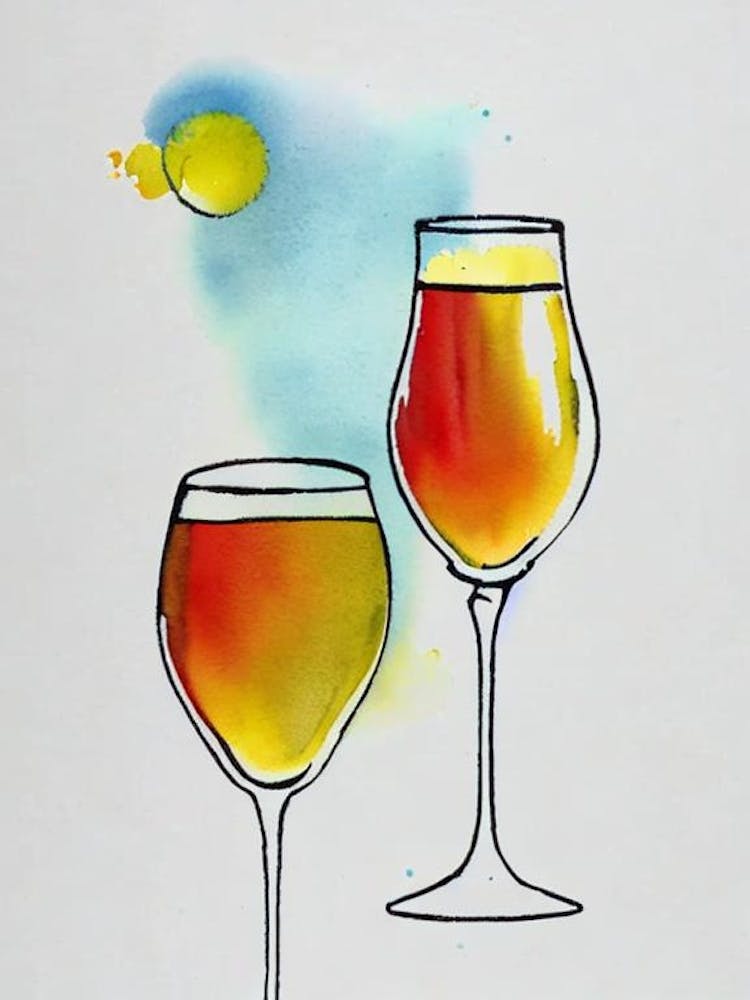 French 75 Minimal Line Drawing With Watercolour Cocktail Poster