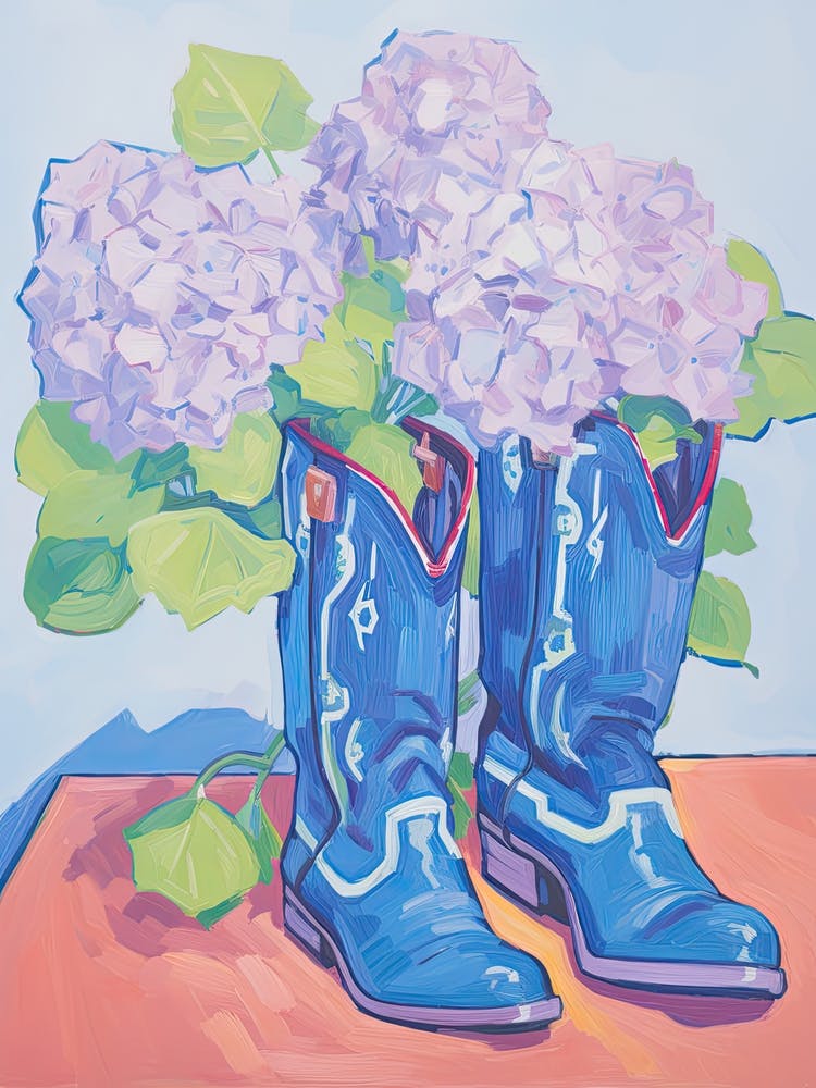 A Painting Of Cowboy Boots With Lilac Flowers, Fauvist Style, Still Life 2