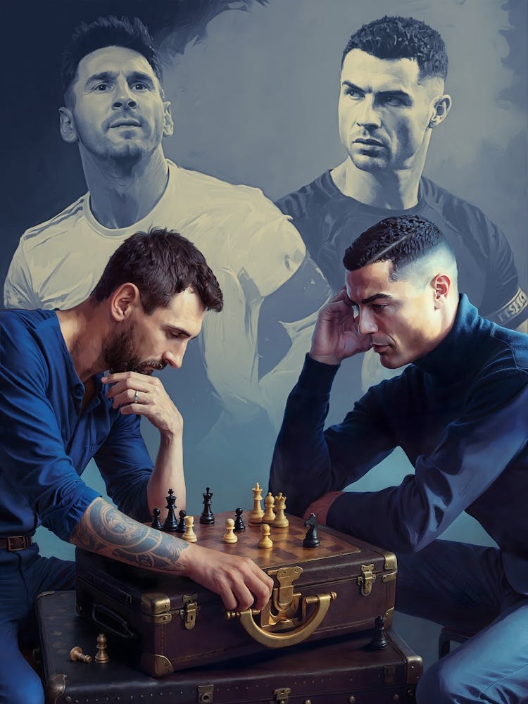 Messi vs. Ronaldo: The Eternal Rivalry 🐐 Celebrate the two titans of football with this captivating artwork. Messi and Ronaldo, legends of the champions league, face off in a chess battle for the ages. Who is the true GOAT? This piece sparks debate and celebrates their incredible soccer careers.