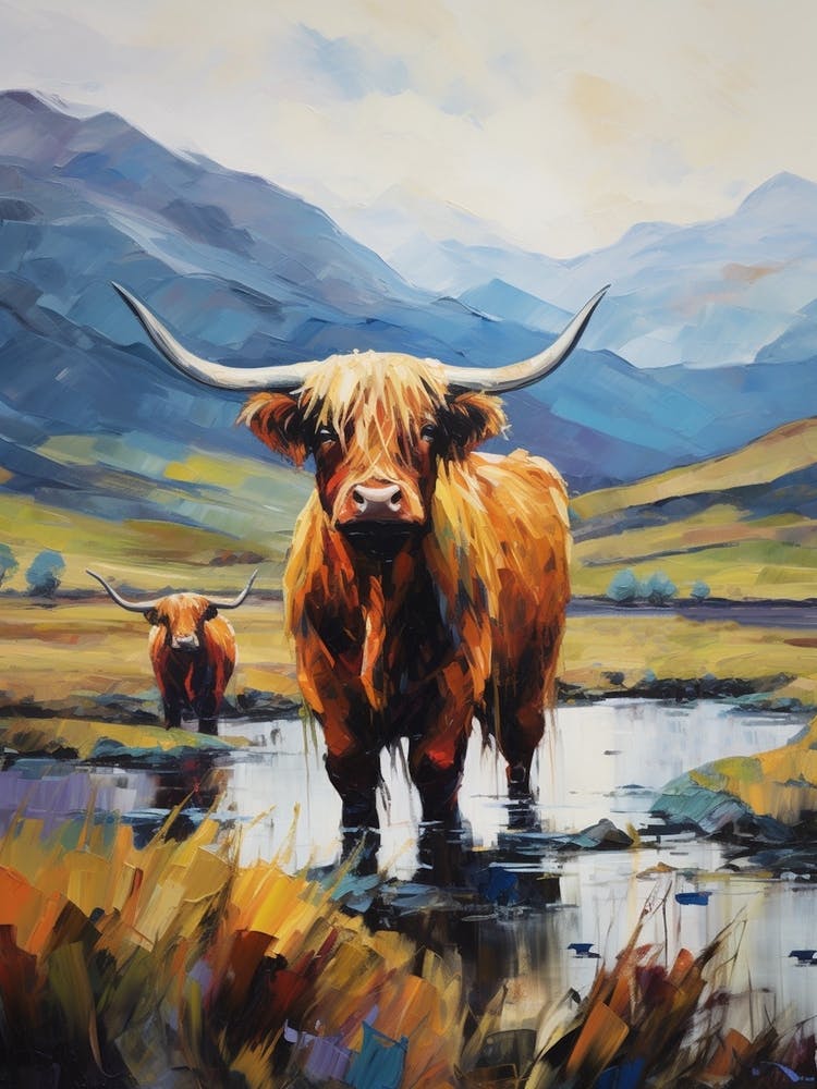 Brushstroke Style Highland Cows In The Valley