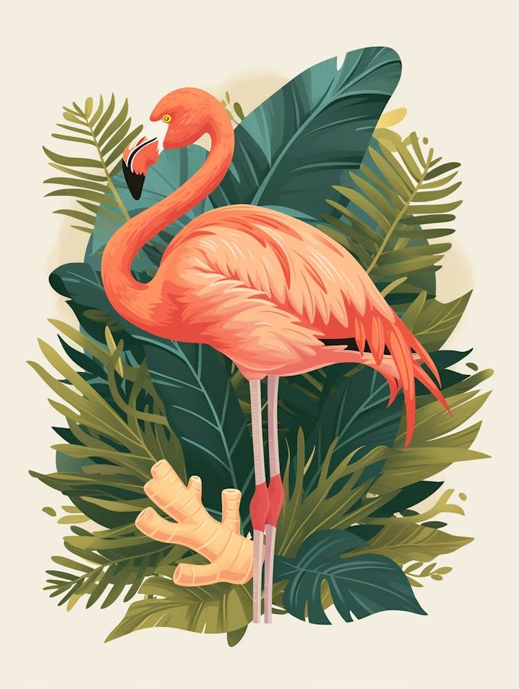 American Flamingo And Ginger Plants Minimalist Illustration 3