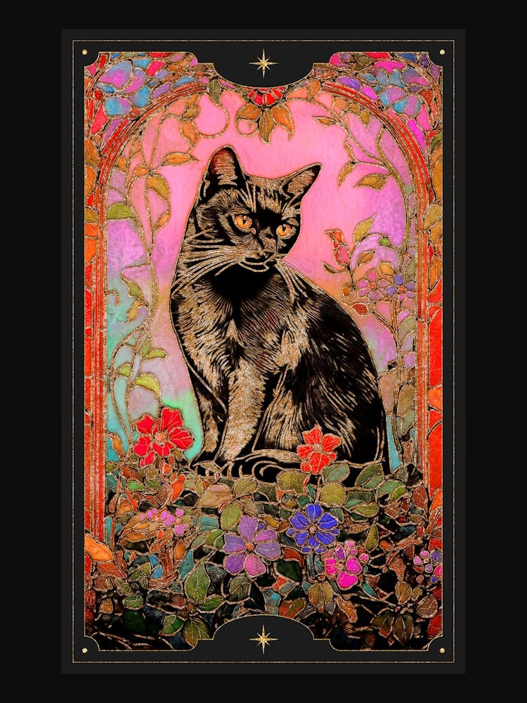 Alphonse Mucha-inspired black cat and ornate florals with gold accents in a dark cottagecore aesthetic with stained glass effect, Art Nouveau style witchy artwork perfect for libraries, vintage-themed rooms, moody interior