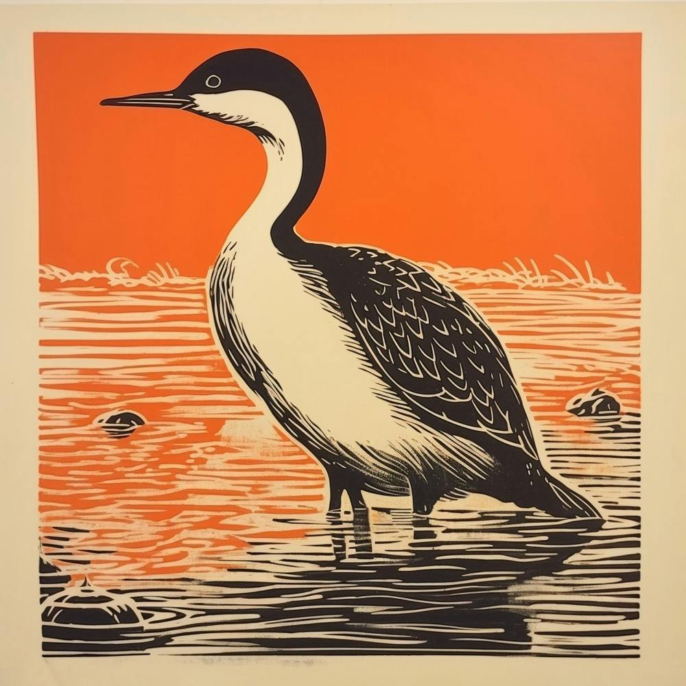 Retro Bird Lithograph Grebe