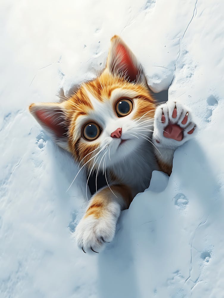 Cute Kitten Cat Peeking From Snow 7