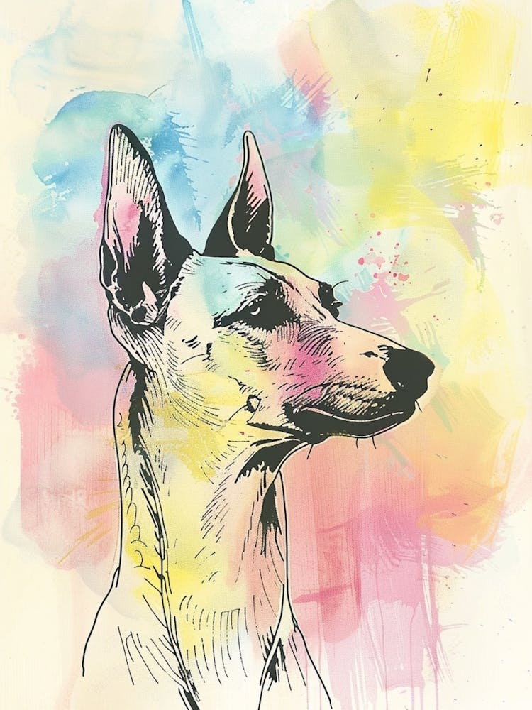 Pastel Watercolour Ibizan Hound Dog Line Illustration 1