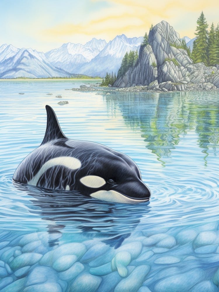 Pencil Crayon Style Illustration Of Orca Whale Coming Out Of Water