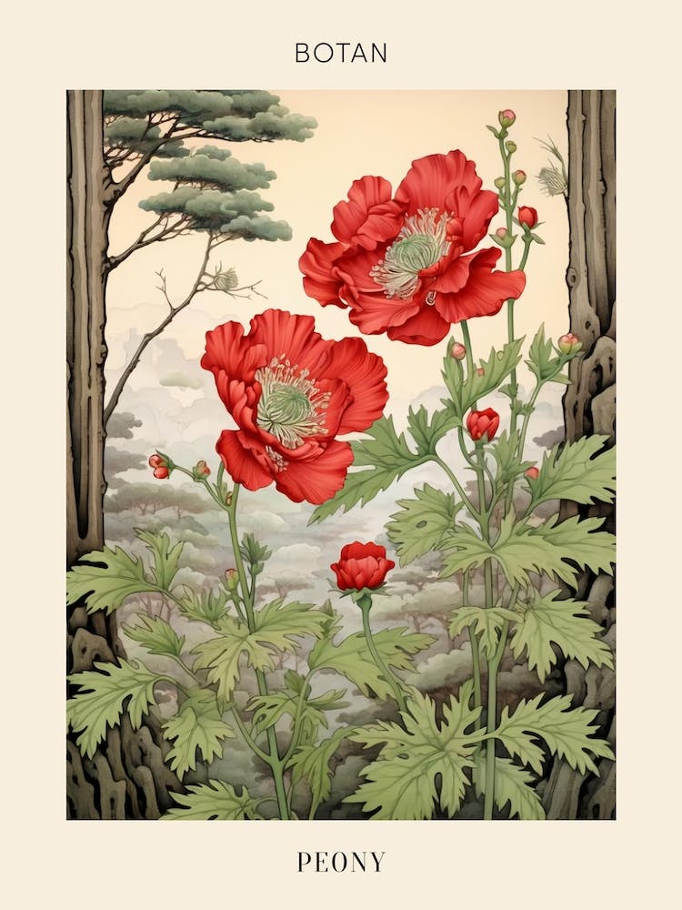 Botan Peony 2 Japanese Botanical Illustration Poster