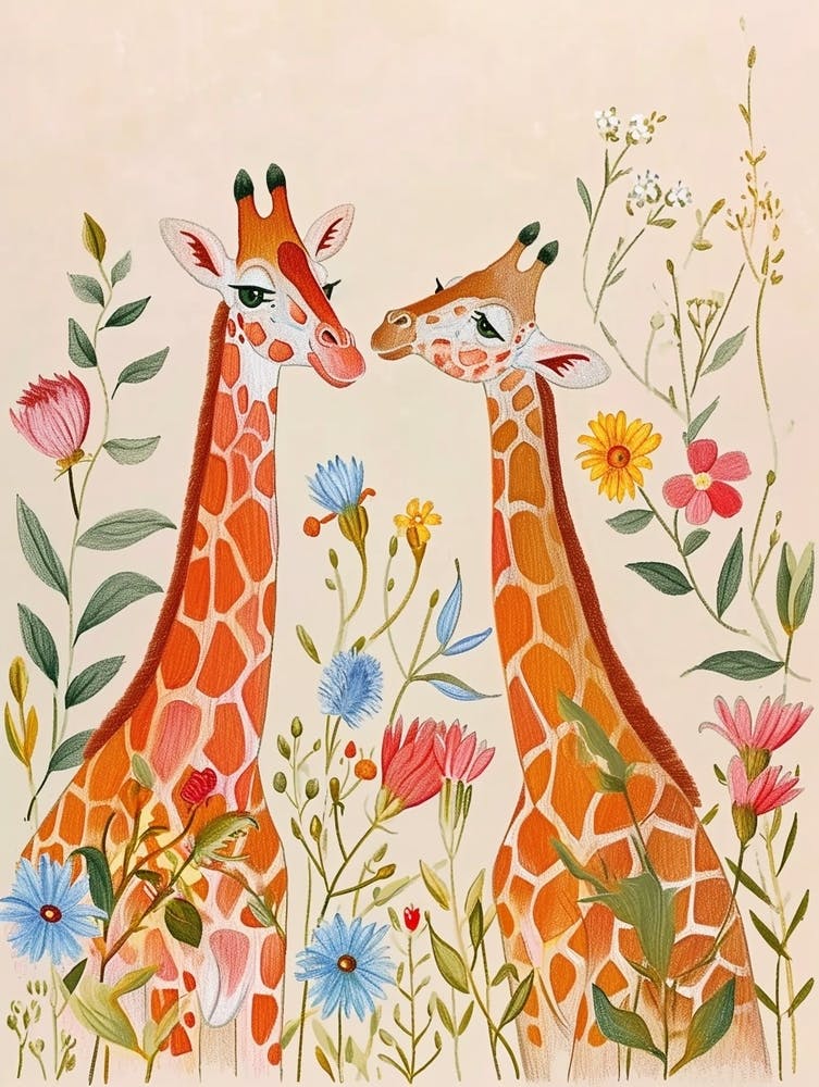 Folksy Floral Animal Drawing Giraffe 4