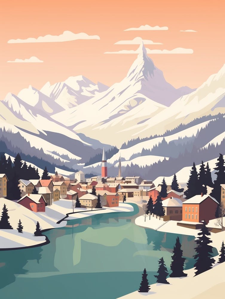 Vintage Winter Travel Illustration St Moritz Switzerland 1