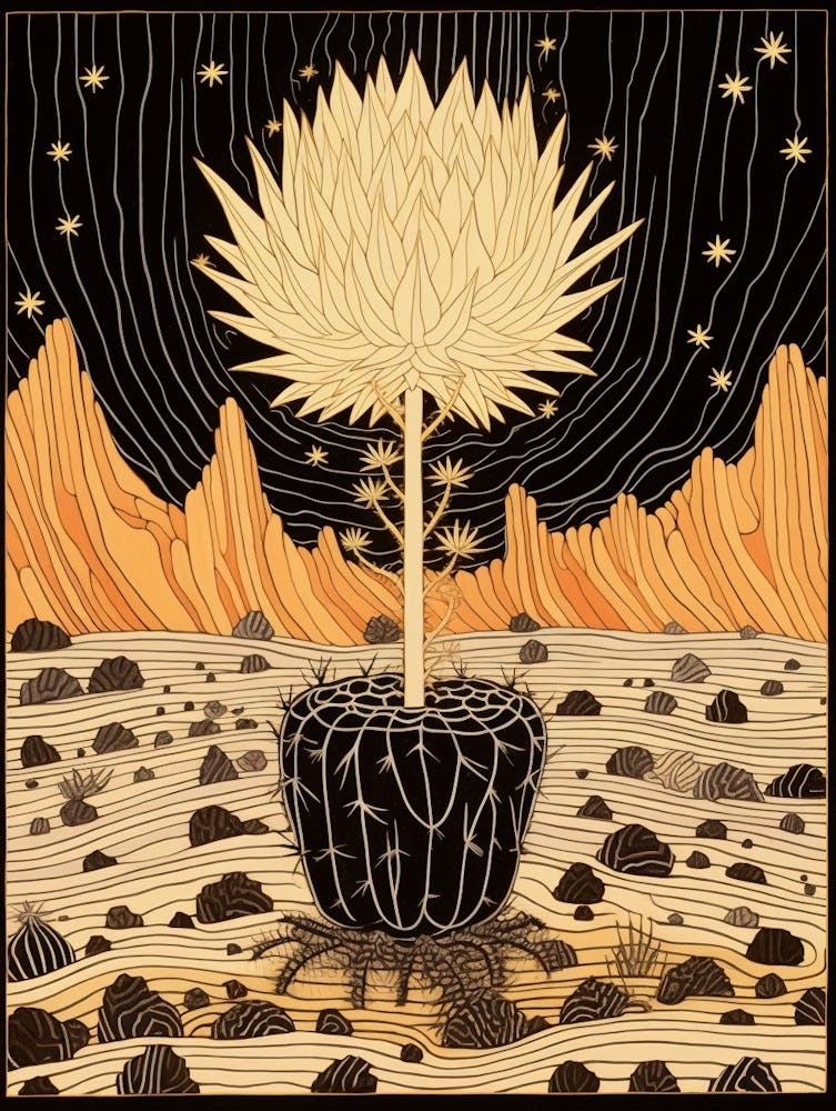 B&W Cactus Illustration Golden Barrel Cactus 2