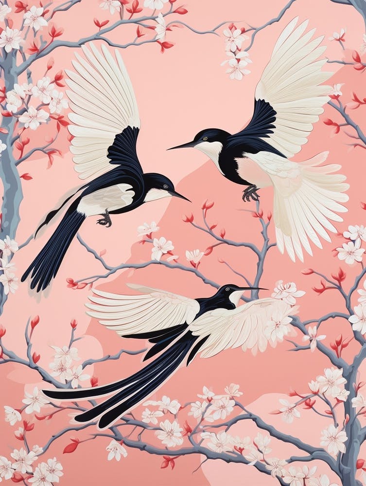 Vintage Japanese Inspired Bird Print Magpie 6