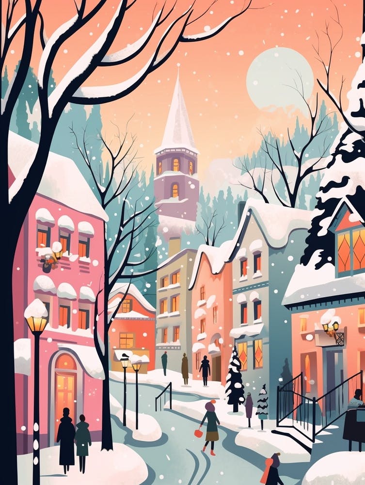 Vintage Winter Travel Illustration Quebec City Canada 1