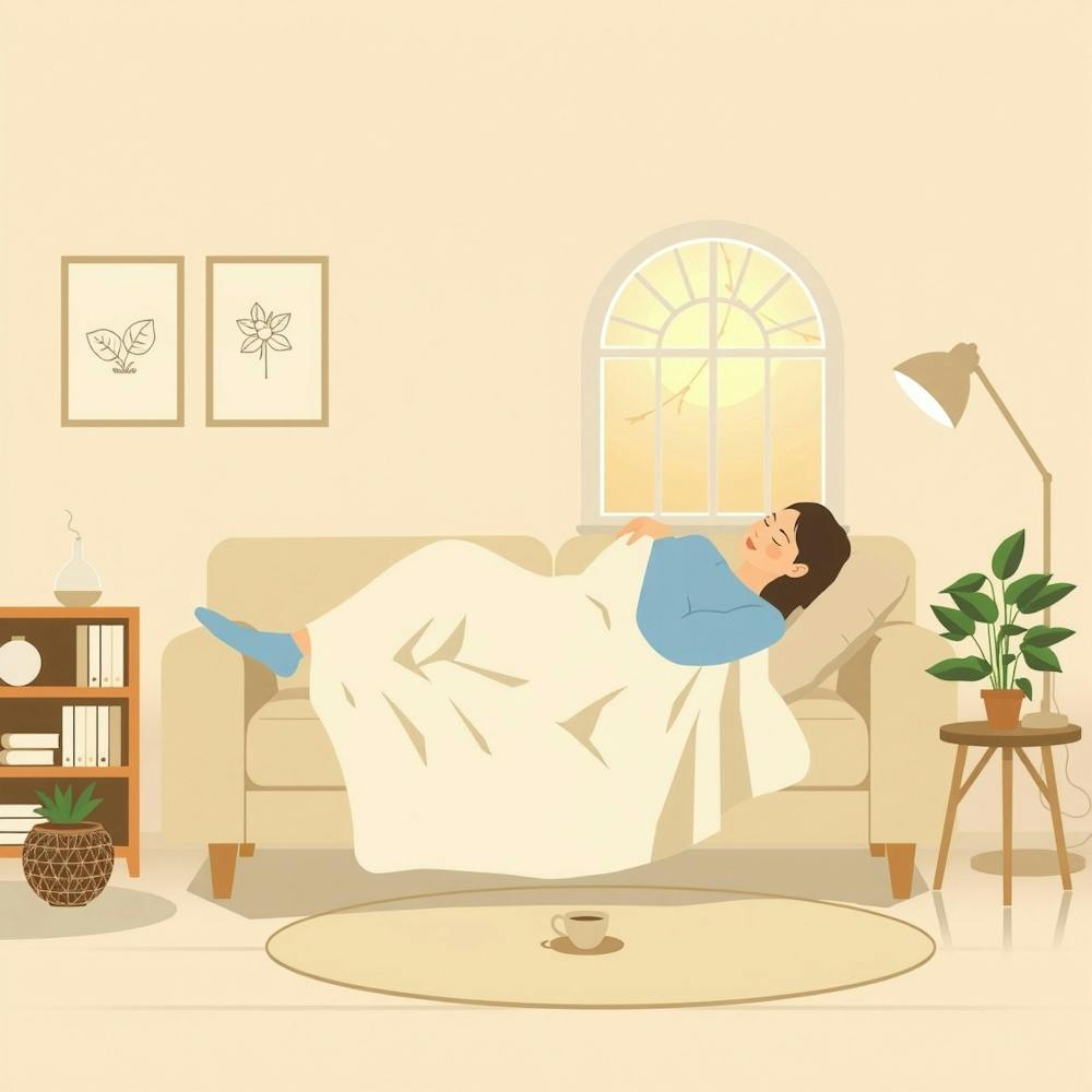 Woman Sleeping On A Couch-Woman Laying On The Couch-cozy living room-light beige blanket-relaxation-comfortable form