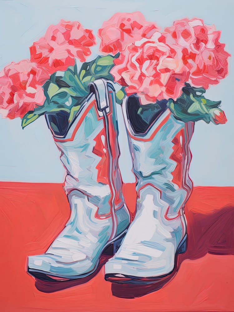 A Painting Of Cowboy Boots With Pink Flowers, Fauvist Style, Still Life 2
