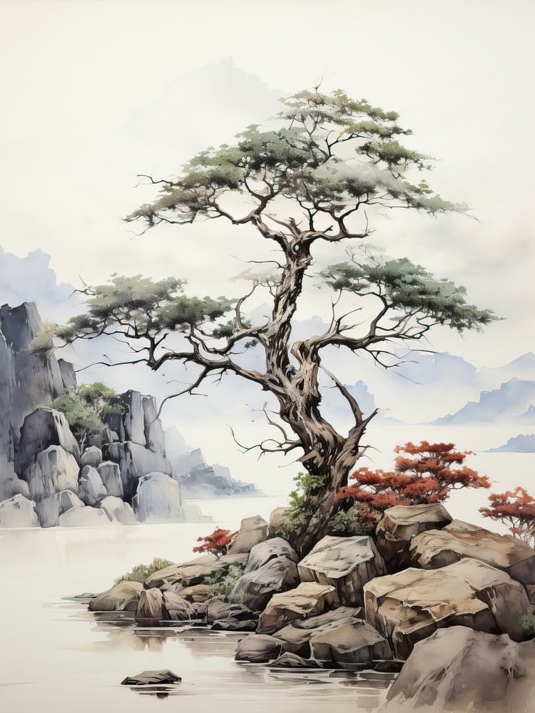 Koya San In Wakayama, Japanese Brush Painting, Ukiyo E, Minimal 2