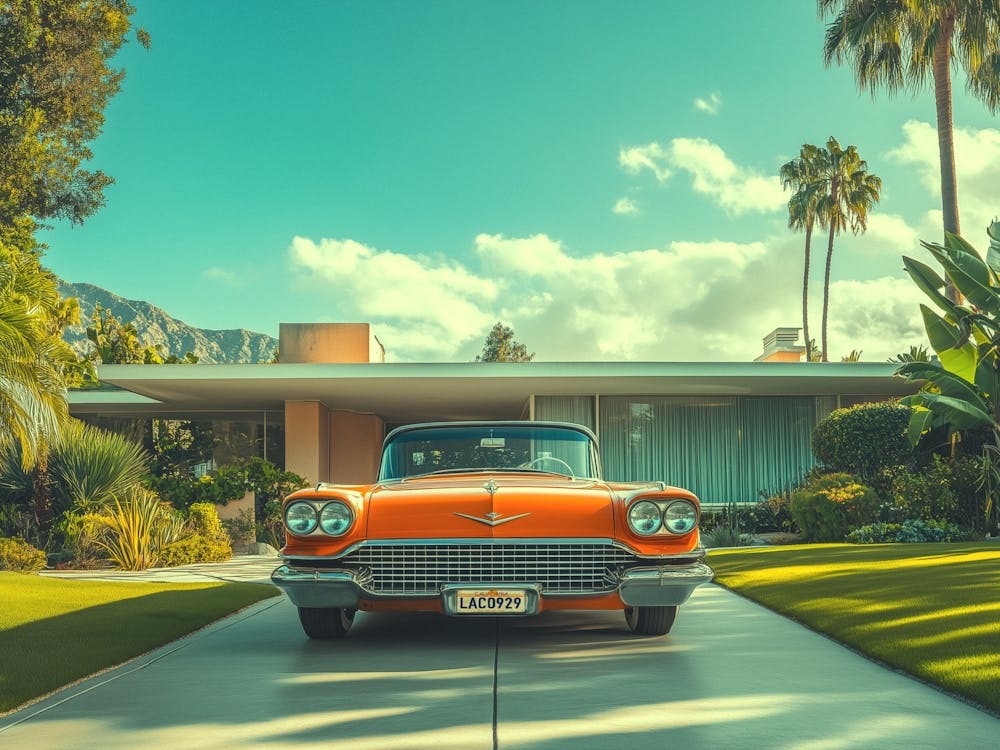 Palm Springs Retro orange Auto, Mid Century Fotografie Bungalow Illustration