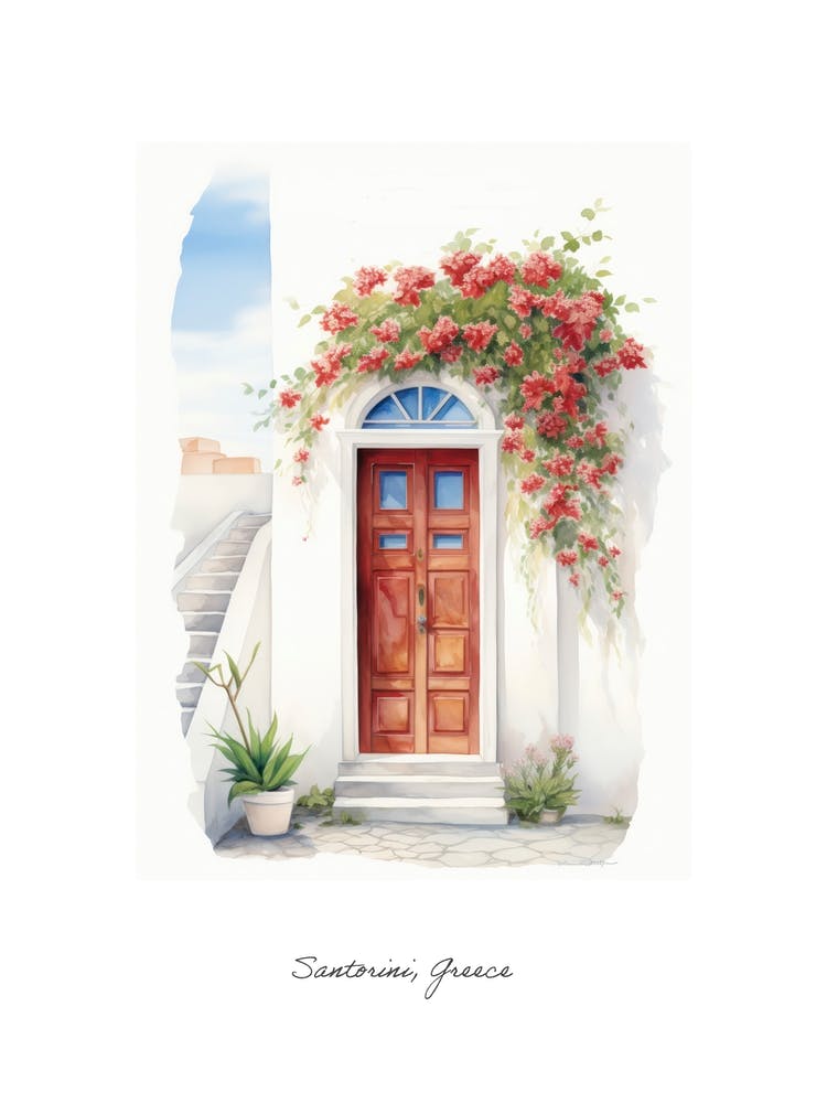 Santorini, Greece   Mediterranean Doors Watercolour Painting 1 Poster