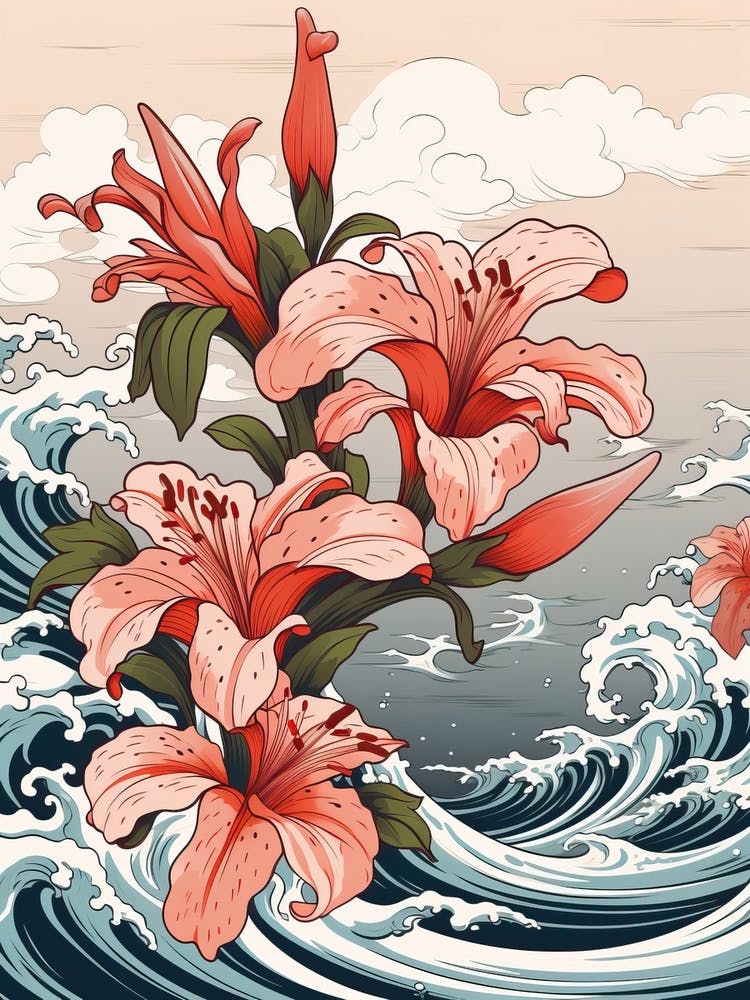 Great Wave With Lily Flower Drawing In The Style Of Ukiyo E 1