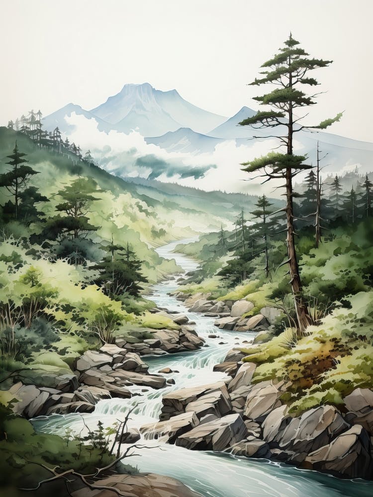 Yatsugatake Mountains In Yamanashi, Japanese Brush Painting, Ukiyo E, Minimal 3