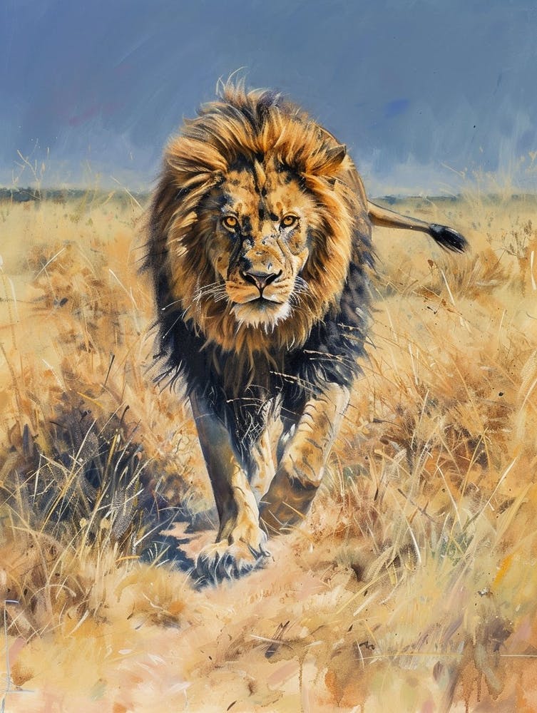 Barbary Lion Hunting Acrylic Painting 1